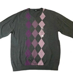 Claiborne men’s argyle sweater V-neck Gray & purple Size XXL NWOT Preppy